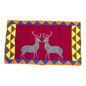 Vintage Handwoven Wool Tapestry Rug Buck Elk Deer Design 36"x21 Red Wall Hanging
